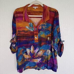 John Mark Top Women Petite Large Floral Watercolor Tunic Blouse Art Print Boho